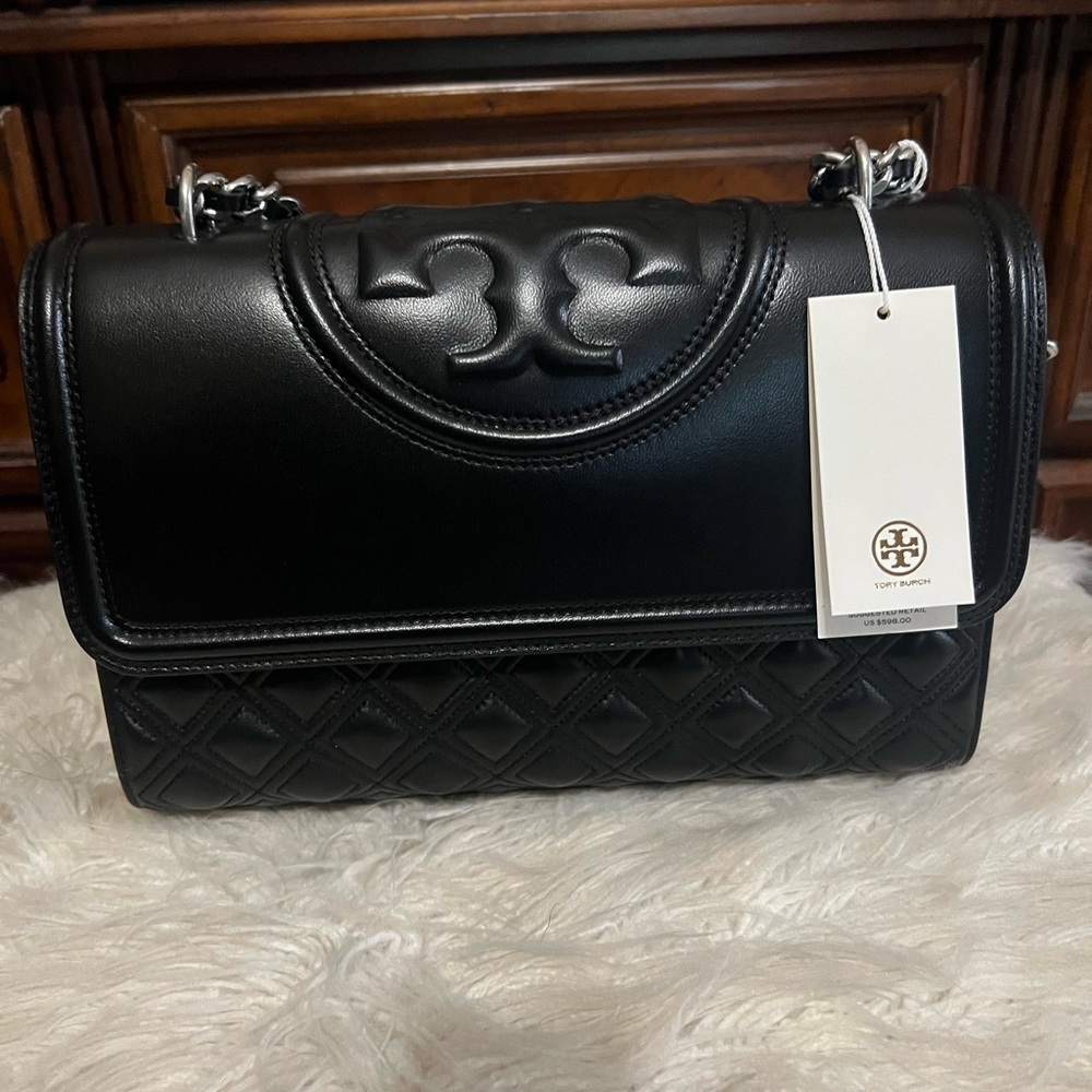 NWT Tory Burch Fleming Convertible Leather Shoulder Bag/Silver Metal